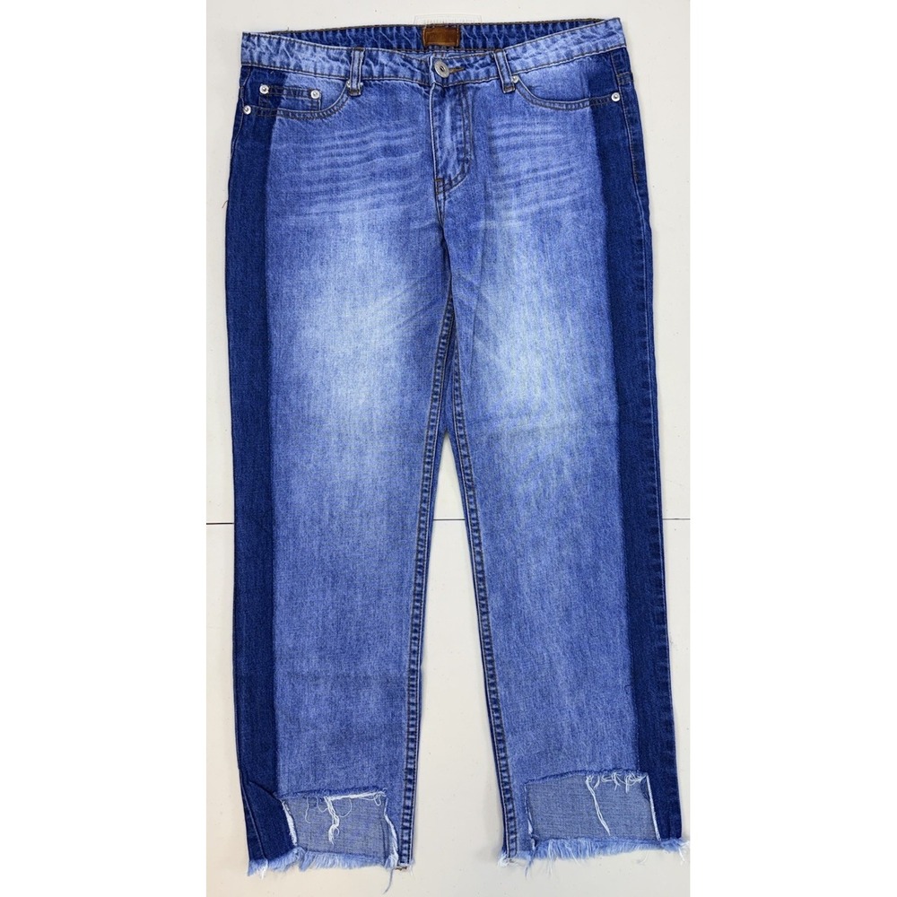 POL Denim Two Tone Cropped Straight Leg Jeans Frayed Hem Size L Fits 32